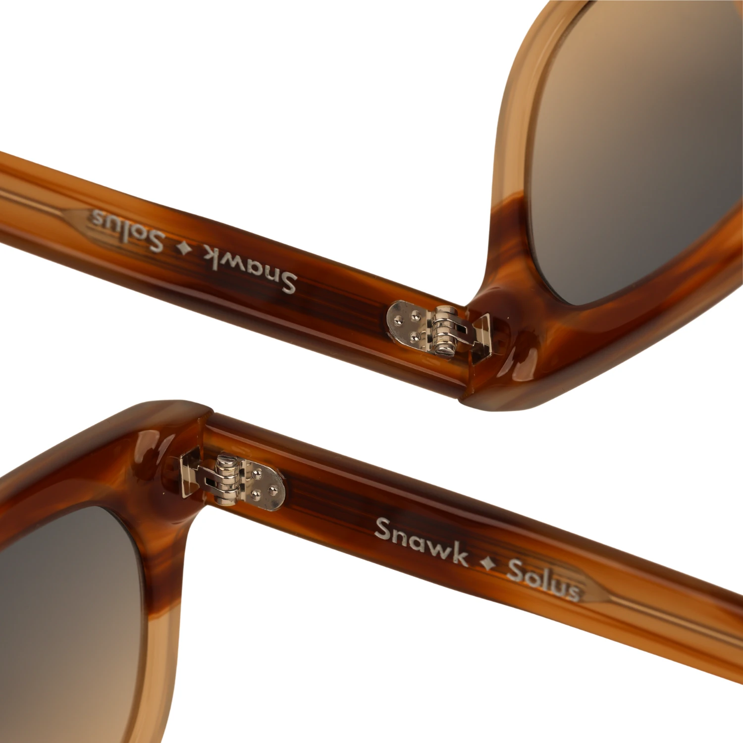 Riveted metal hinge on the Tortoise Fade Snawk Solus sunglasses